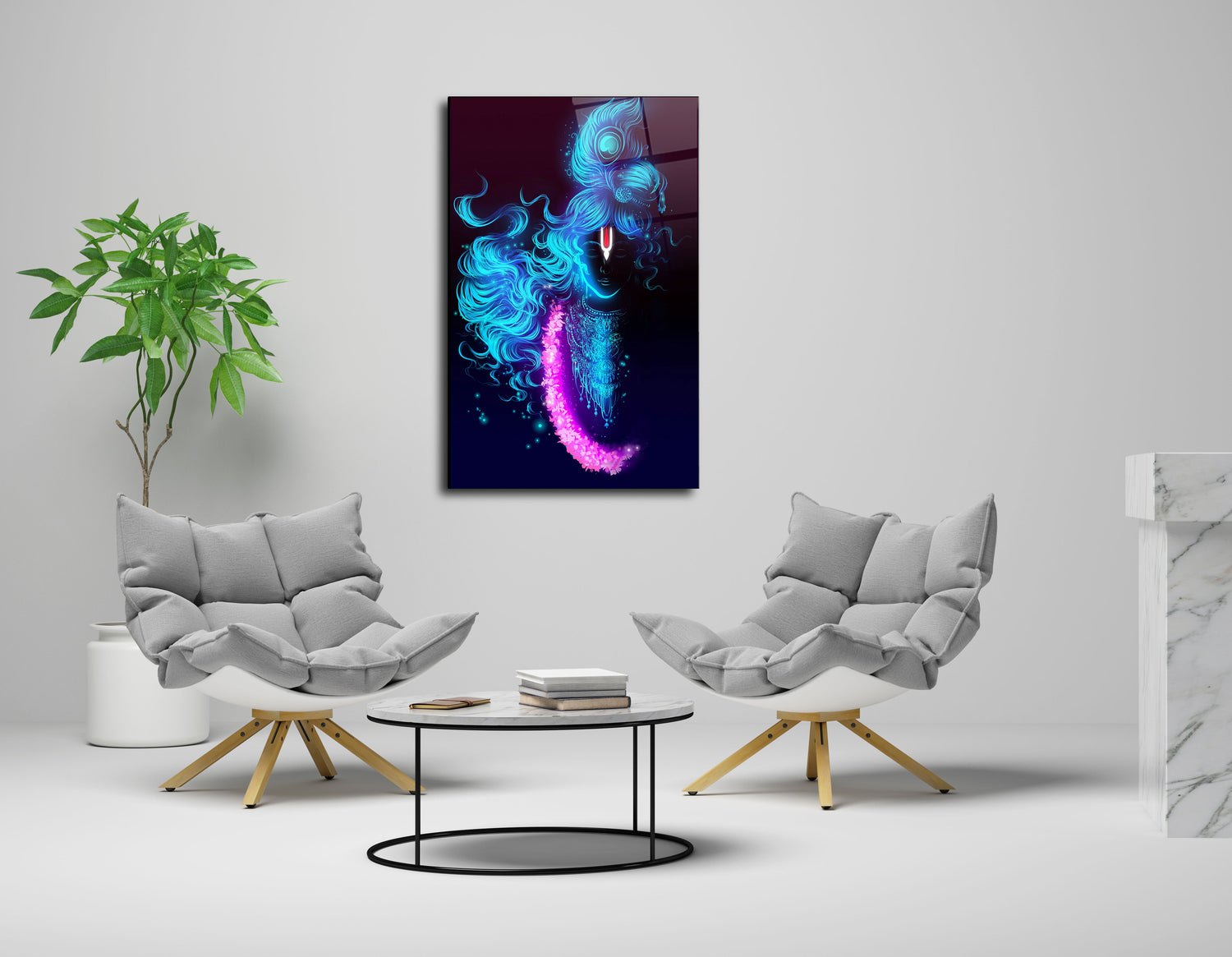 Lord Krishna in Blue with Pink Mala Glass Wall Art - Divine Serenity Embodied