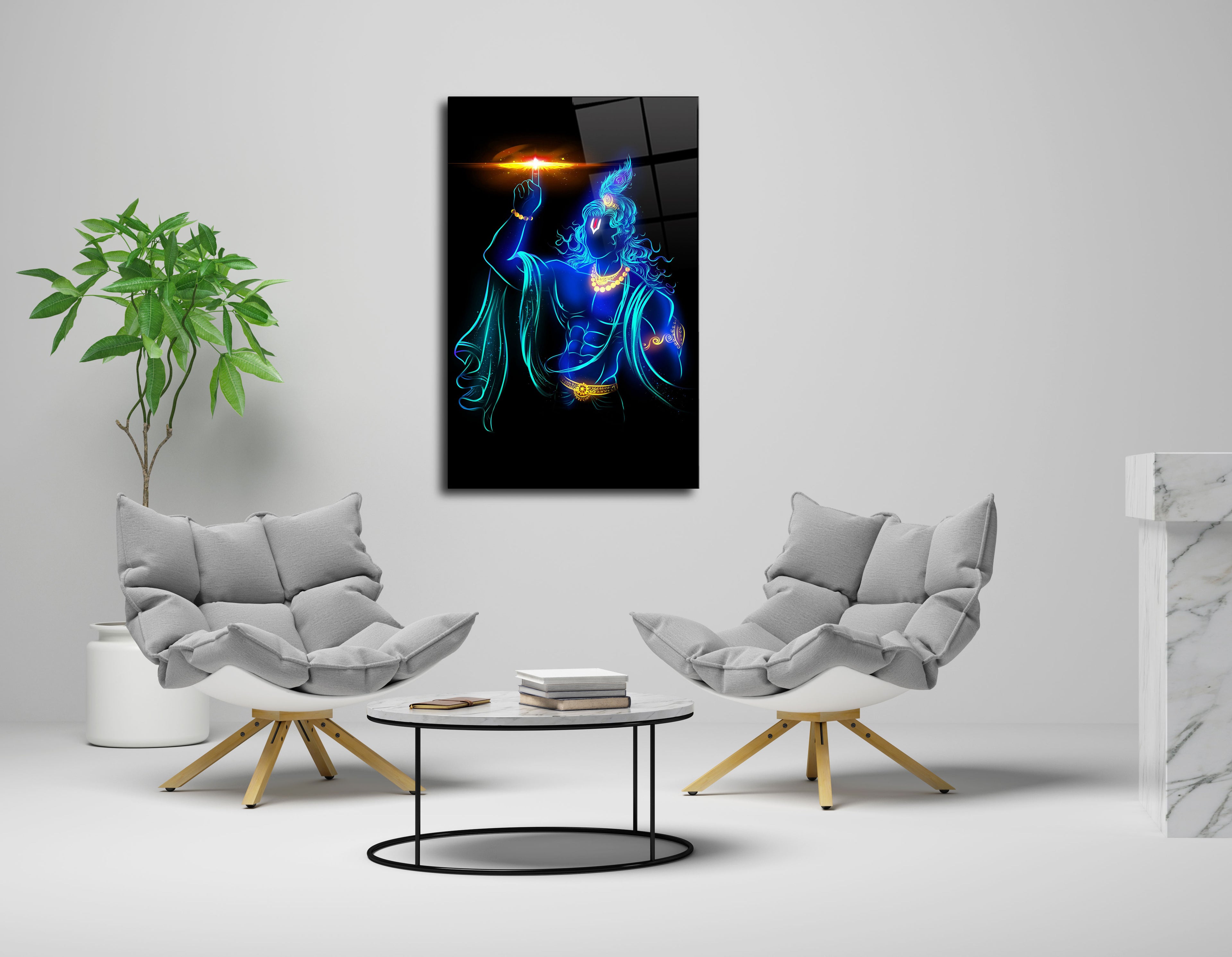 Lord Krishna in Blue with Sudarshana Chakra Glass Wall Art - Divine Grace Embodied