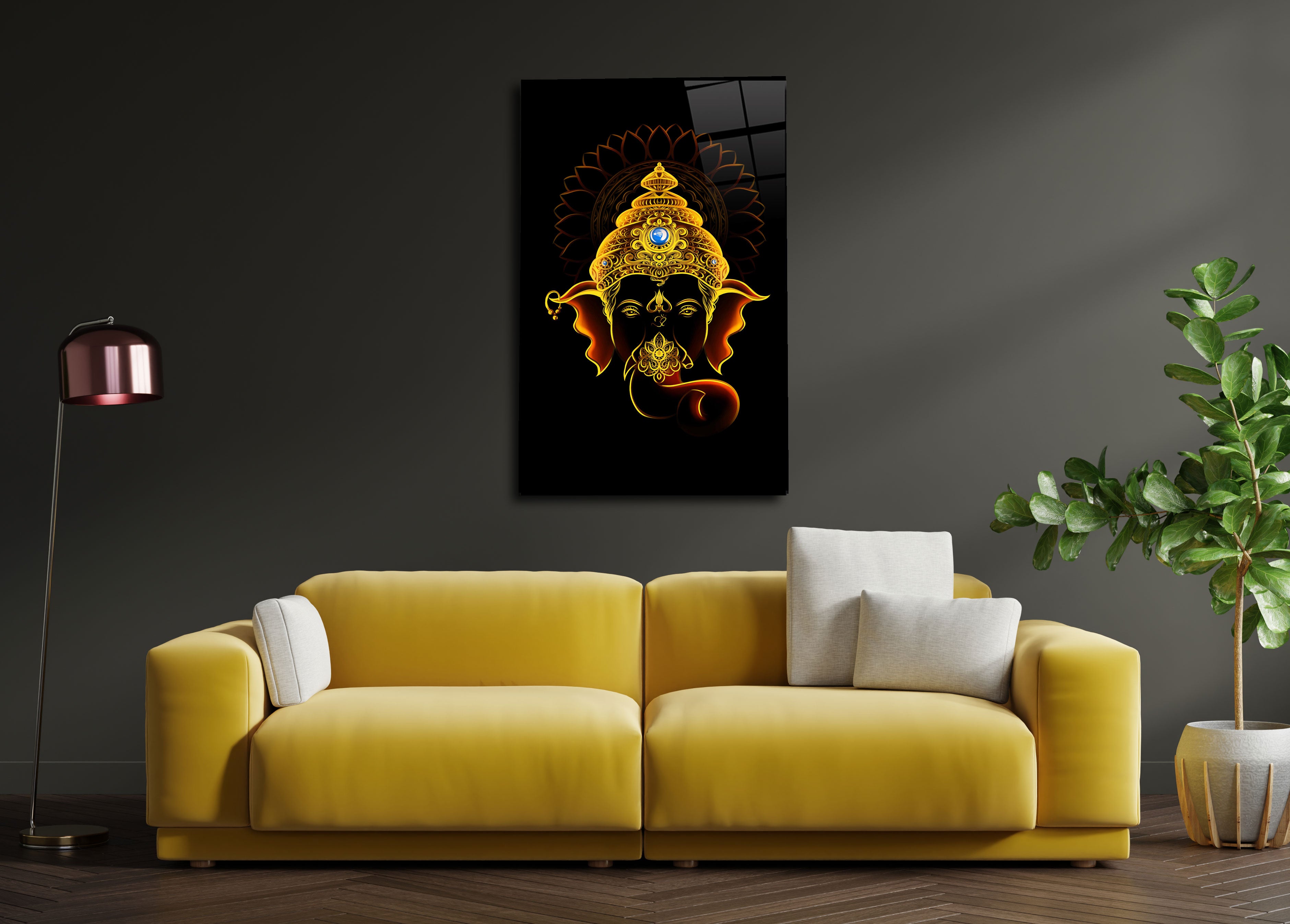 Ganesha Face with Black Background Glass Wall Art - Embrace Divine Energy