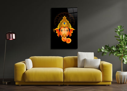 Ganesha Face with Black Background Glass Wall Art - Embrace Divine Energy