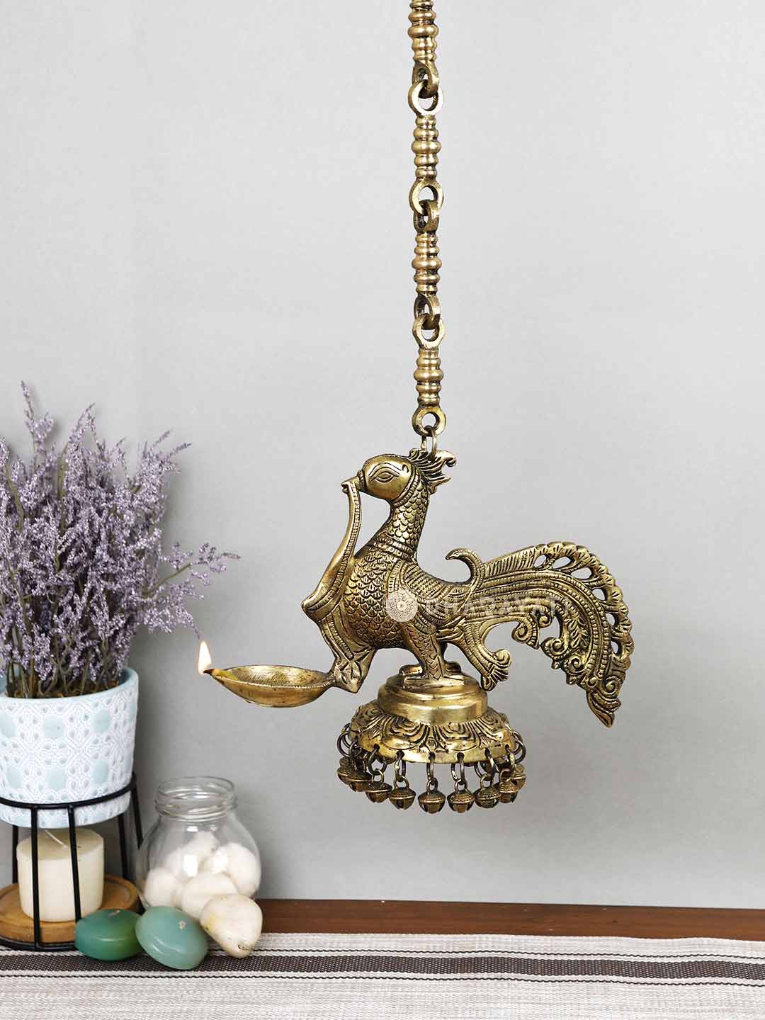 Brass Bird Chain Hanging Diya With Ghungroo Bells