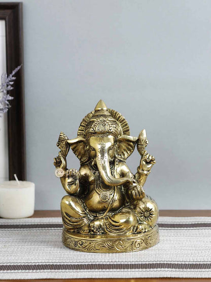 Big Ganesh 4 Hands Decorative Brass Figurine Round Base