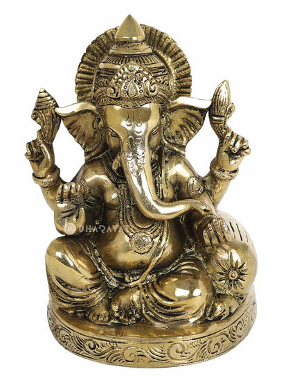 Big Ganesh 4 Hands Decorative Brass Figurine Round Base