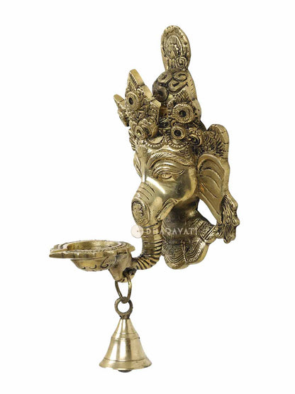 Ganesh Mask Wall Hanging Diya With Bell Decorative Brass Figurine