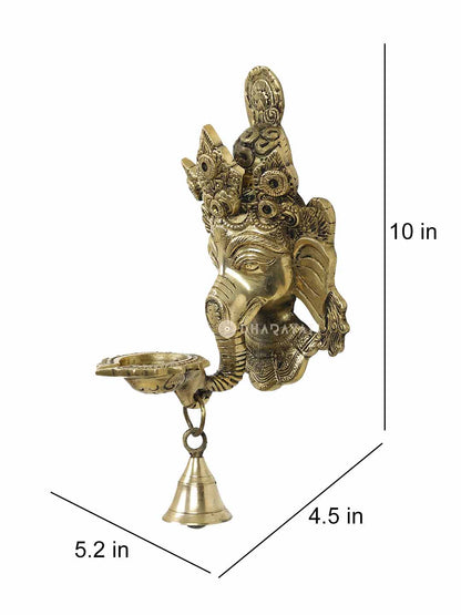 Ganesh Mask Wall Hanging Diya With Bell Decorative Brass Figurine