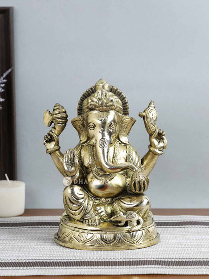 Big Ganesh 4 Hands Round Base Decorative Brass Figurine