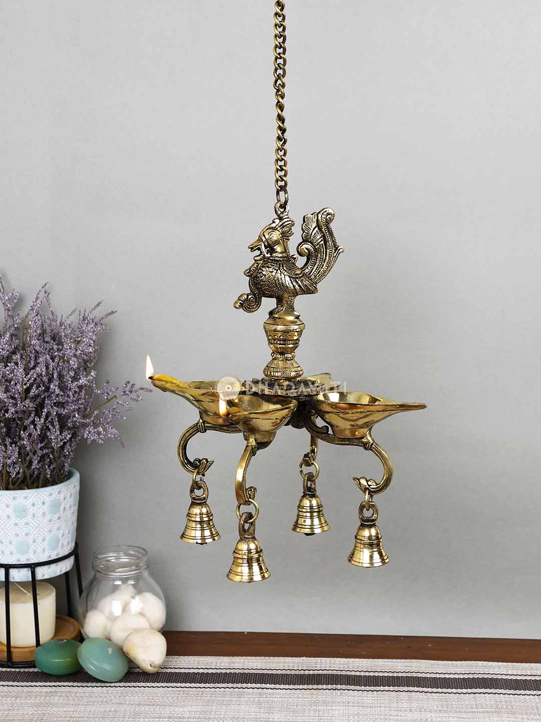 Brass Parrot Chain Hanging Diya With Bell