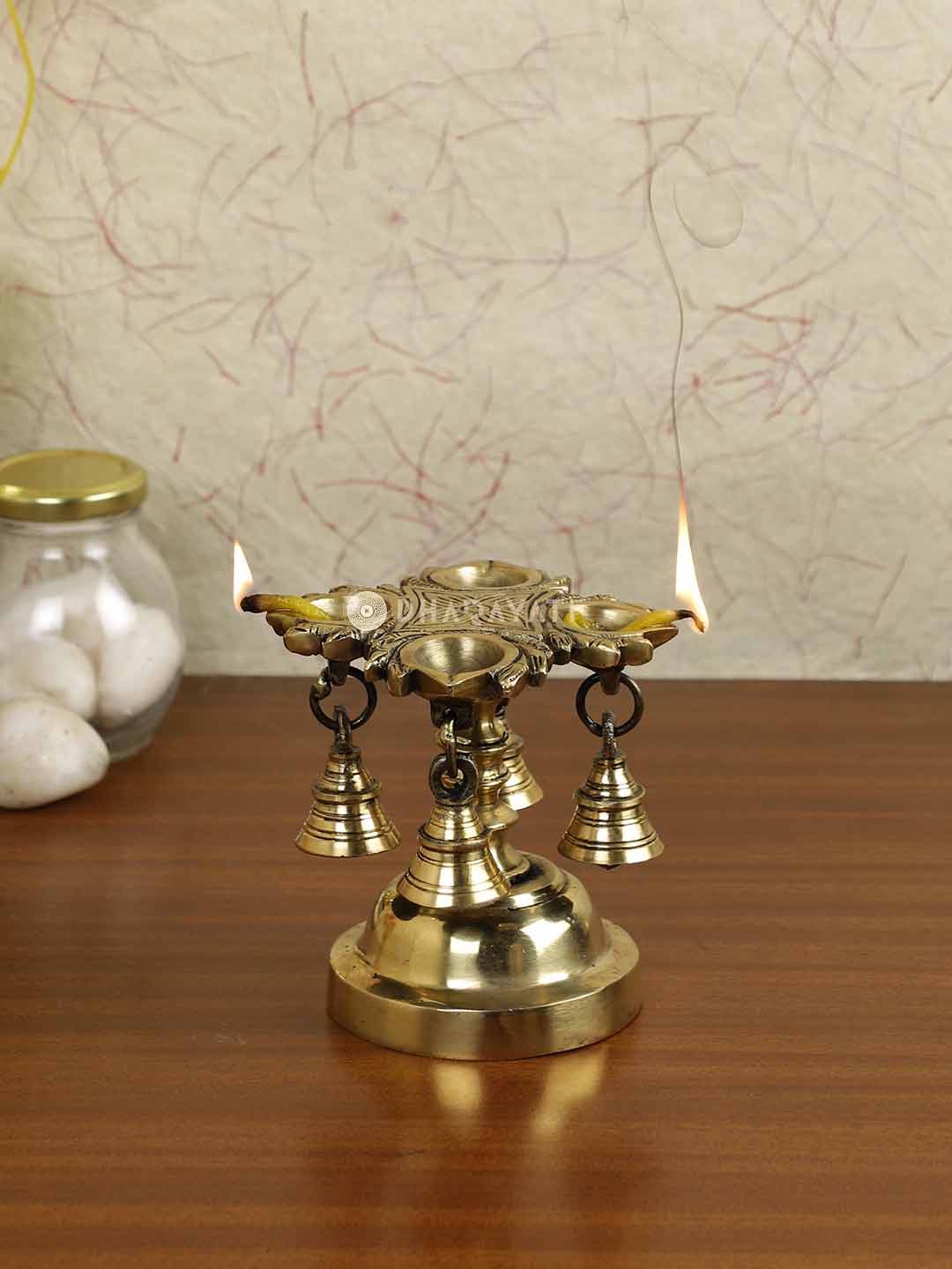 Pillar Lamp 4 Diya With Bells Hanging