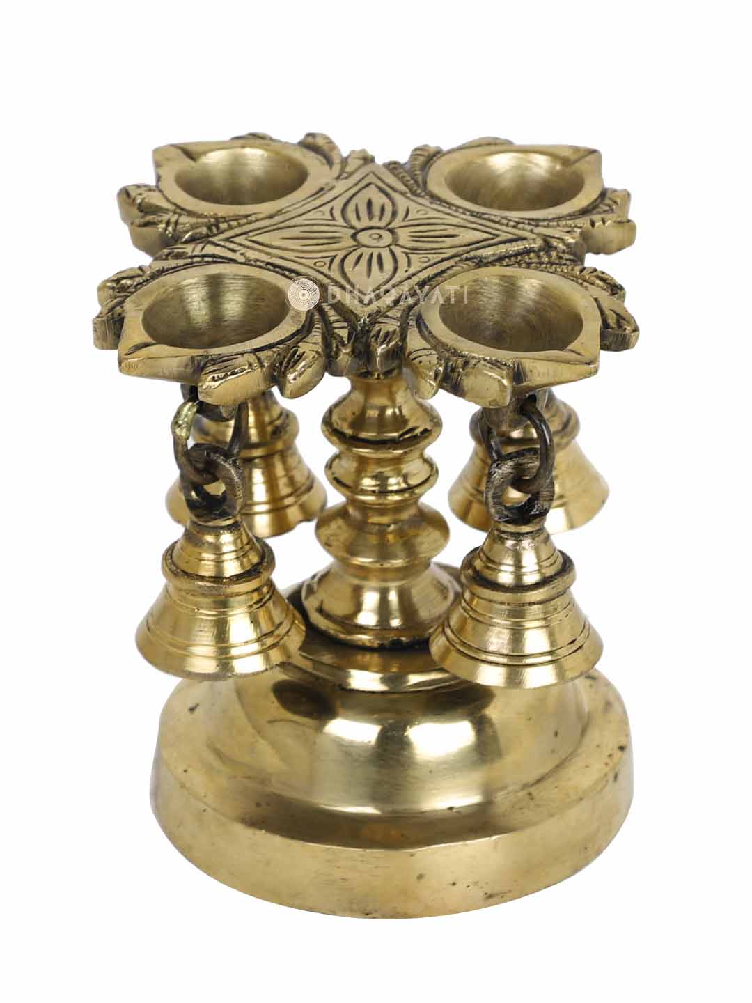 Pillar Lamp 4 Diya With Bells Hanging