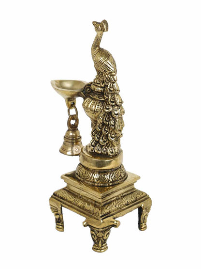 Peacock Diya Lamp With Bell Decorative Brass Figurine