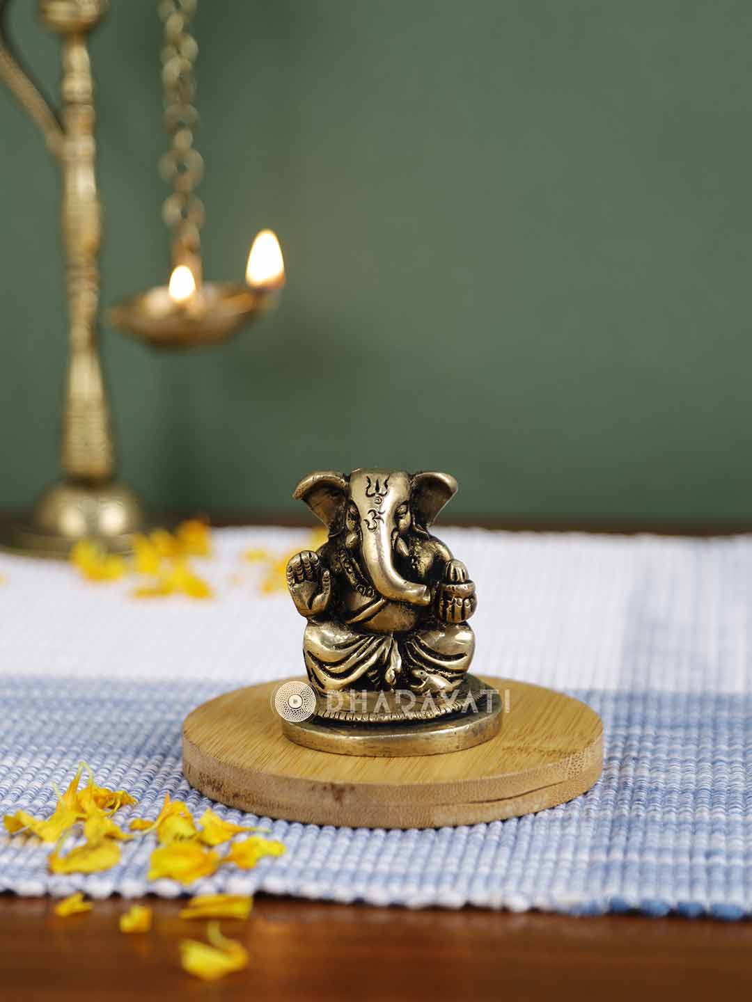 Round Base Ganesh 2 Hands Decorative Brass Figurine