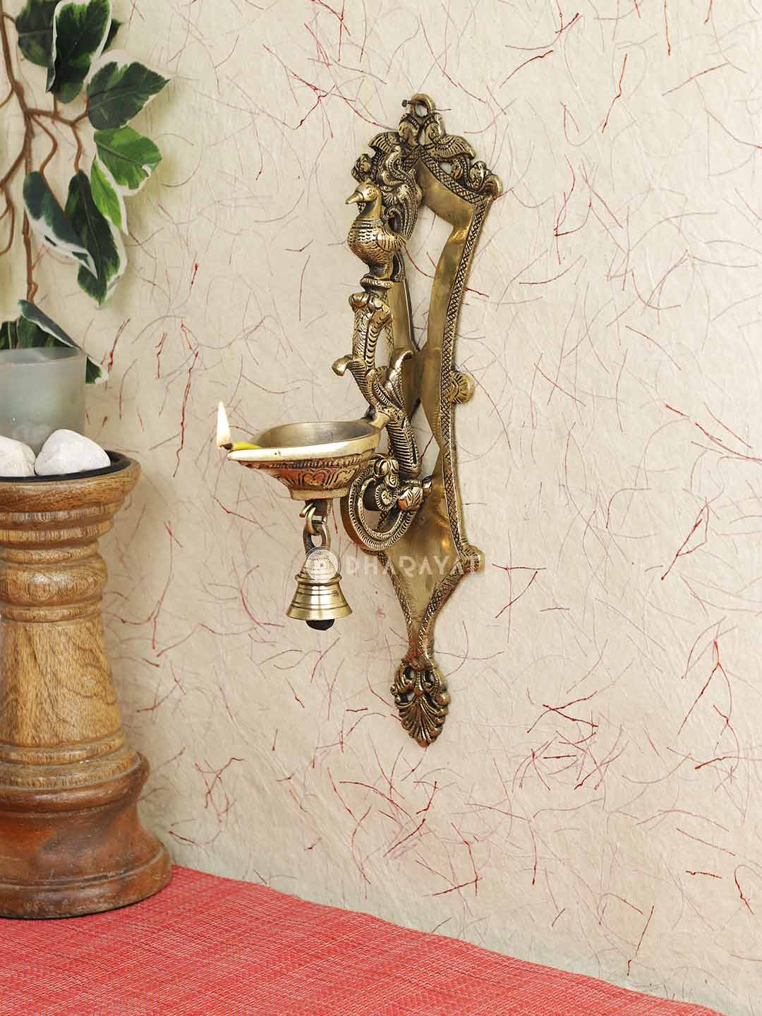 Wall Mount Diya Lamp With Bell Decorative Brass Figurine