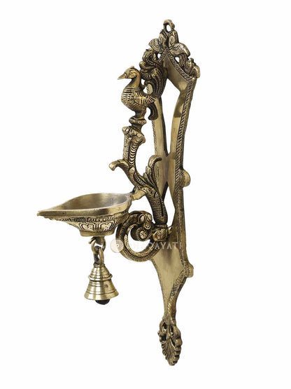 Wall Mount Diya Lamp With Bell Decorative Brass Figurine