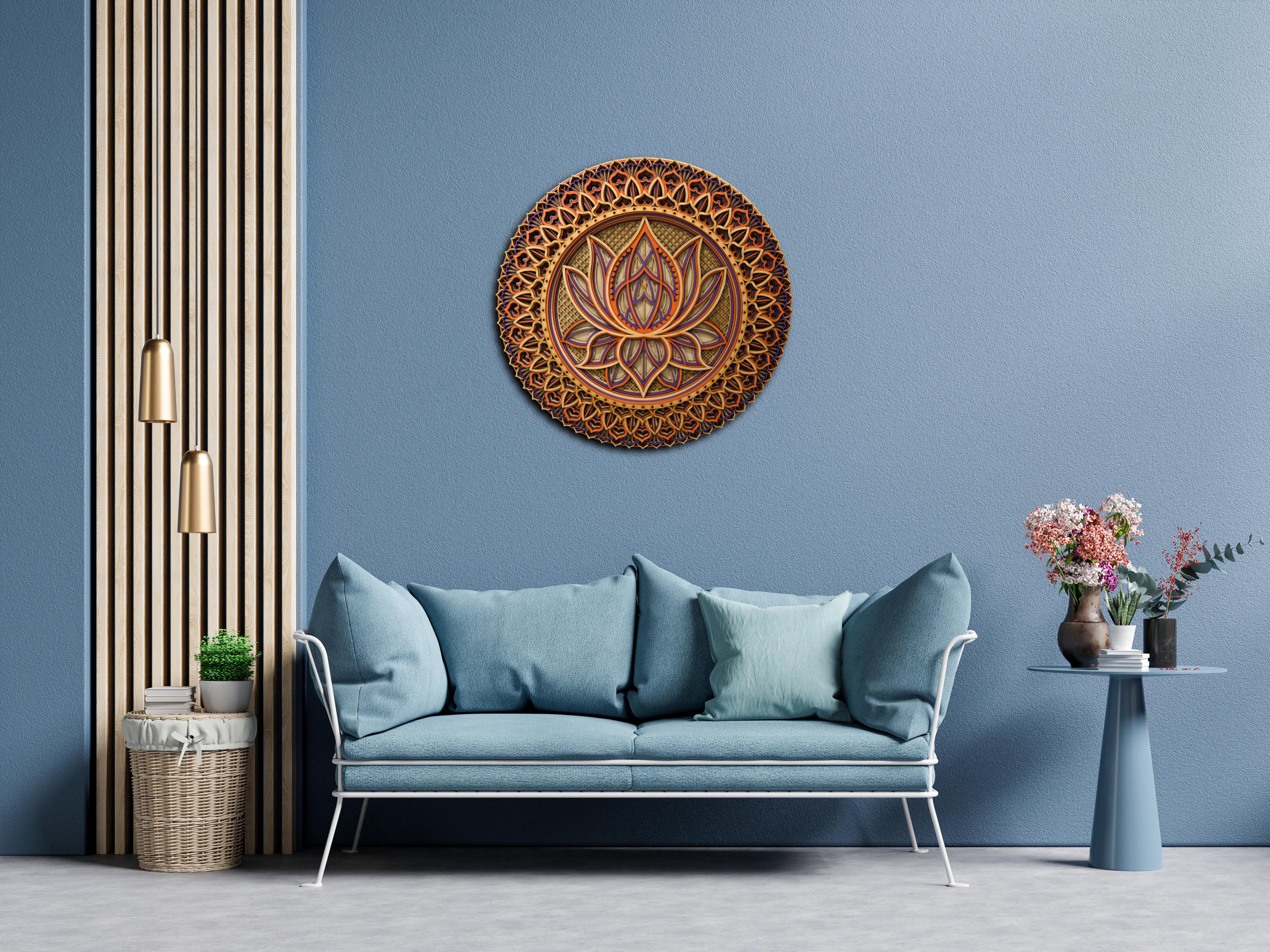 Lotus Flower Mandala, Colored Mandala | Wooden Wall Decor