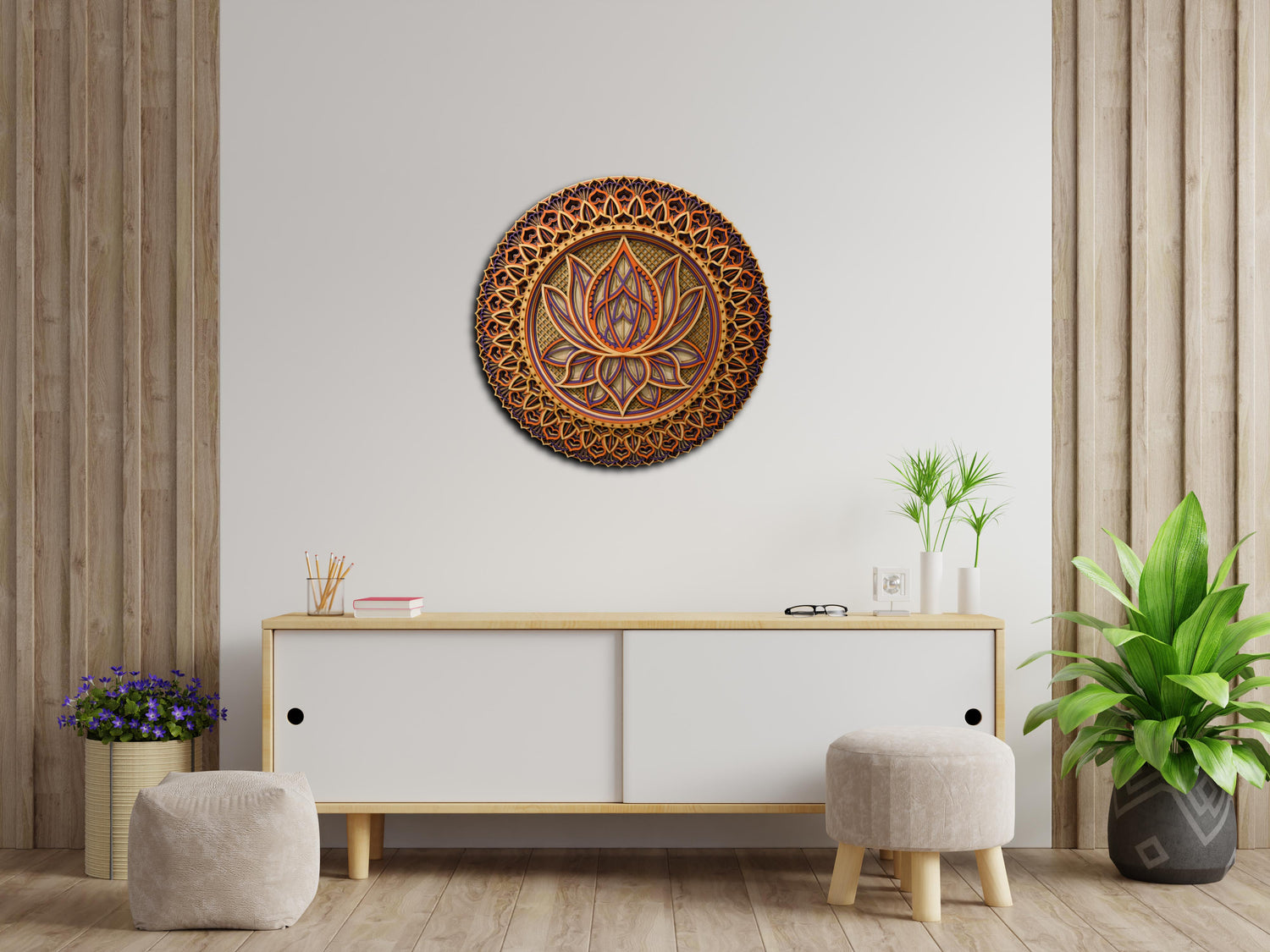 Lotus Flower Mandala, Colored Mandala | Wooden Wall Decor