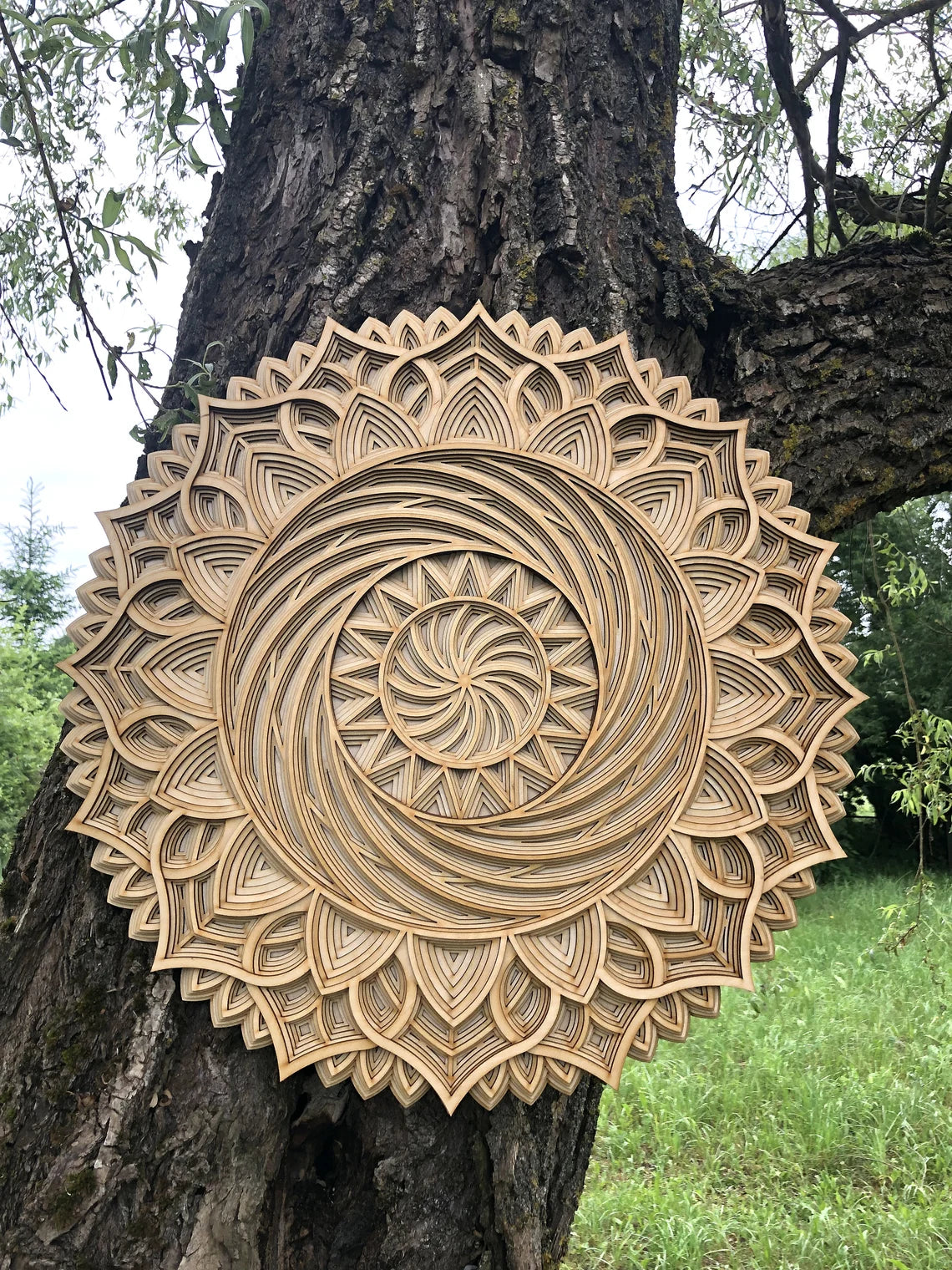 Round Mandala Spiral Flower Design | Wooden Wall Decor