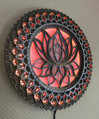 Lotus Flower Glowing LED Mandala  |  Wooden Wall Decor