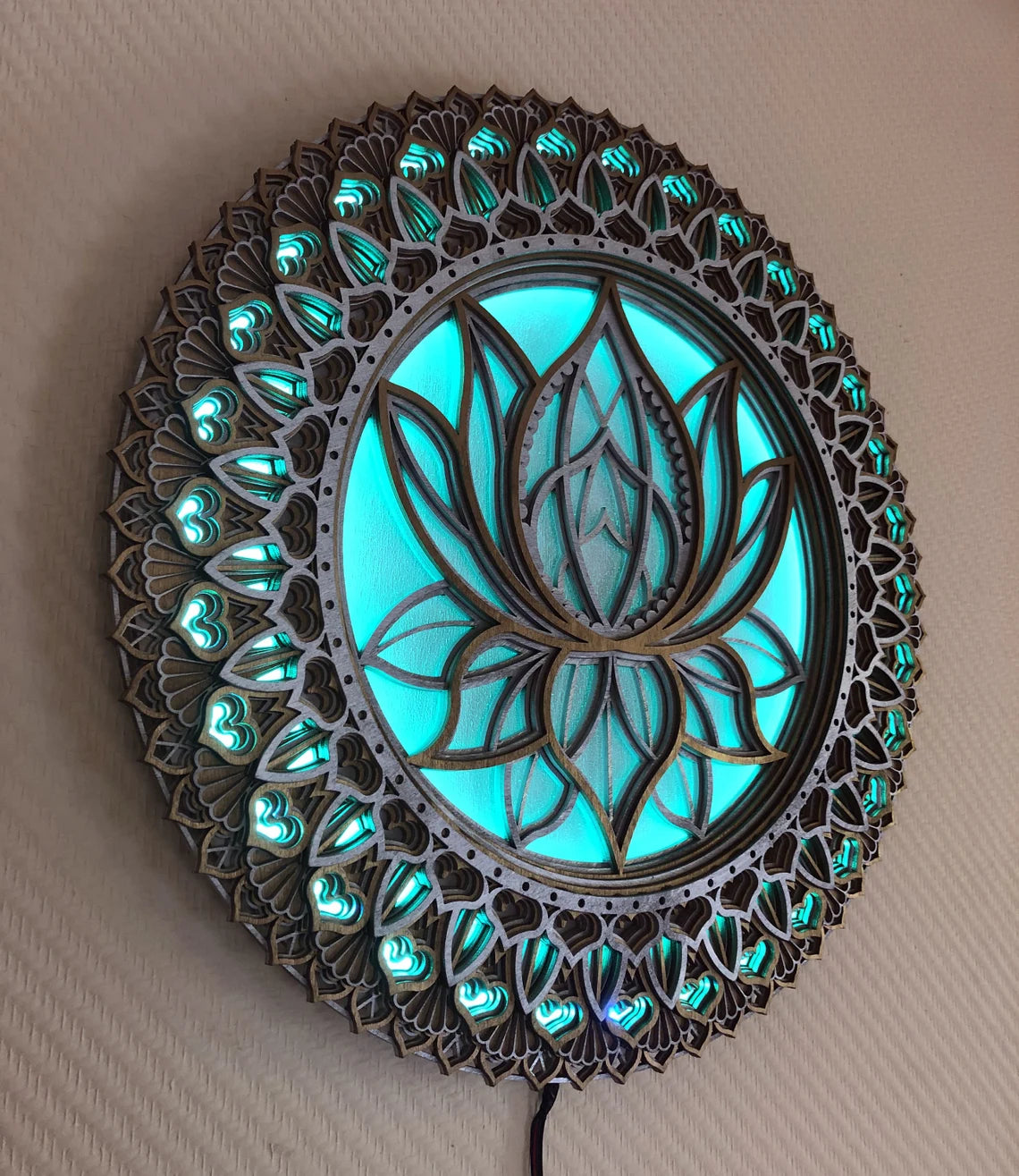 Lotus Flower Glowing LED Mandala  |  Wooden Wall Decor