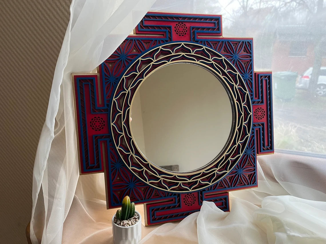 Sri Yantra Mirror Mandala |  Wooden Wall Decor