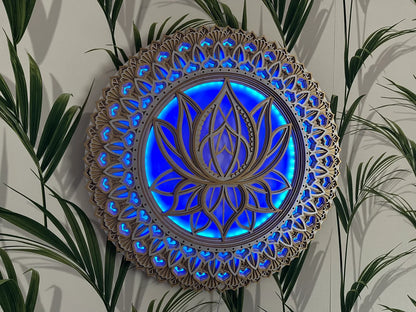 Lotus Flower Glowing LED Mandala  |  Wooden Wall Decor