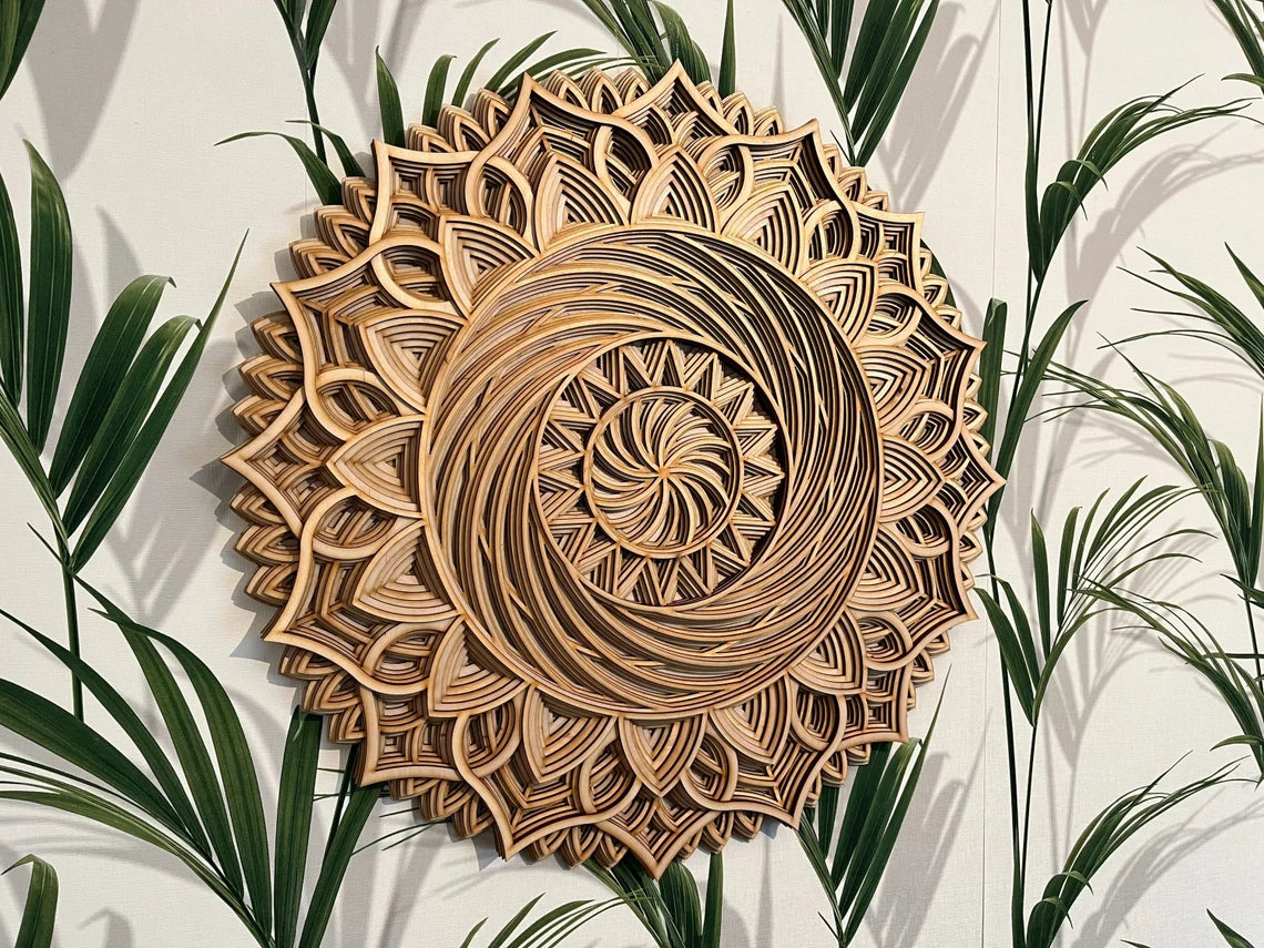 Round Mandala Spiral Flower Design | Wooden Wall Decor