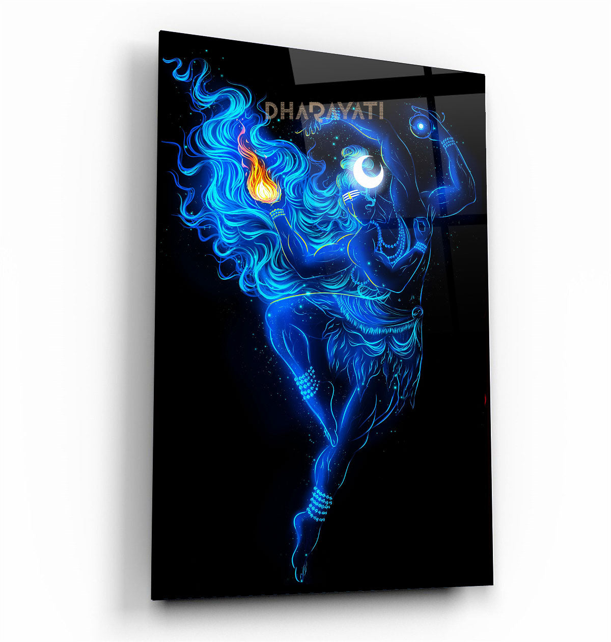 Divine Dance: Captivating Lord Shiva Glass Wall Art in Mesmerizing Blue Digital Art